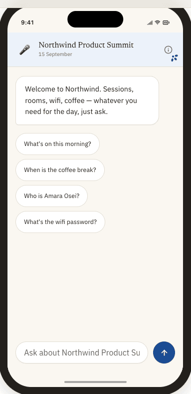 AskConcierge running on a phone, answering questions about a conference programme.