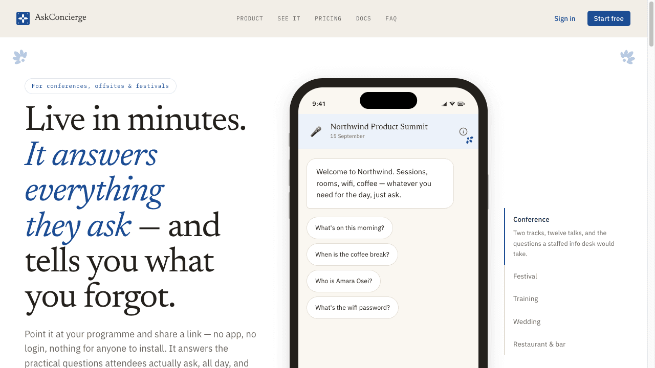 The AskConcierge marketing site, showing the product on a phone.